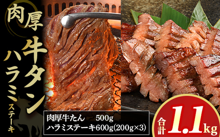 肉厚牛たん500gと牛ハラミステーキ600g（K6-032）KYフーズ 岩手県 北上市 E0281 （KYフーズ） 最高級 ボリューム満点 牛肉 牛タン 牛たん 牛ハラミ 牛はらみ 
