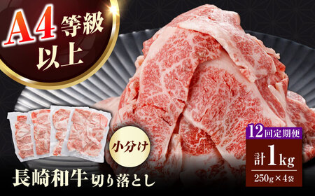 【全12回定期便】長崎和牛（バラ、モモ、肩ロースのいずれか）1kg 切り落とし 250g×4P[RCE013] 長崎和牛 切り落とし 定期便 長崎和牛 切り落とし 定期便九州 長崎
