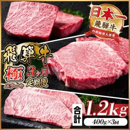 【毎月定期便】飛騨牛 極ステーキ定期便　計約1.2kg【冷蔵便】全3回　A4～A5等級　黒毛和牛_肉 ステーキ 牛肉 ビーフステーキ  肉 飛騨牛 牛肉 うし ビーフ  定期便 定期便  _【配送不可地域：離島】【4056912】