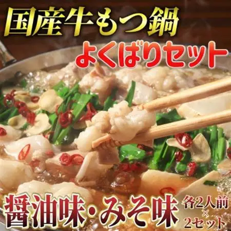 よくばりもつ鍋セット 醤油味2人前＆みそ味2人前(合計4人前) (米粉麺付)(大牟田市)_肉 もつ鍋 牛肉 鍋 鍋セット  惣菜・加工品 肉 鍋 なべ ナベ_【配送不可地域：離島】【1289106】