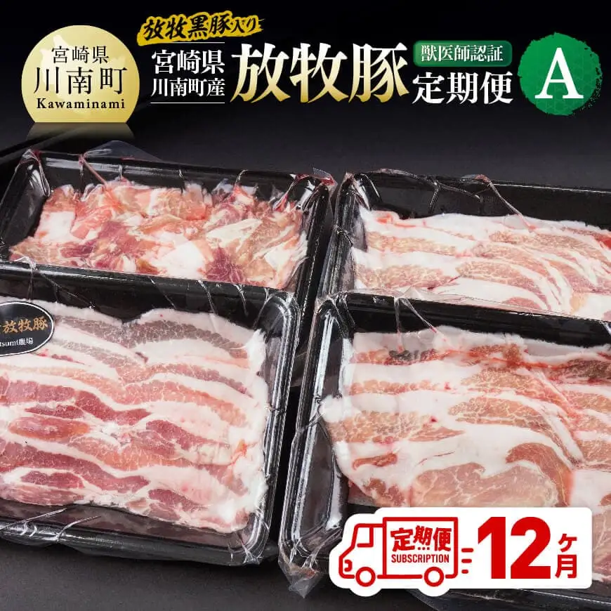 【12ヶ月定期便】宮崎県川南町産豚肉　放牧豚定期便A（放牧黒豚入り） 【 豚 肉 豚肉 黒豚 国産 九州産 宮崎県産 川南町 加工品 セット 送料無料 】