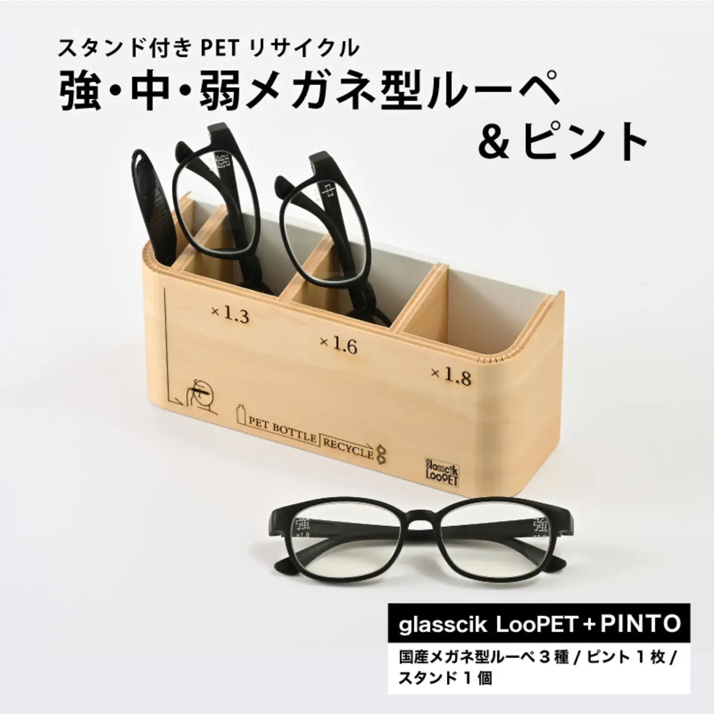 スタンド付きPETリサイクル強、中、弱メガネ型ルーペ＋ピント