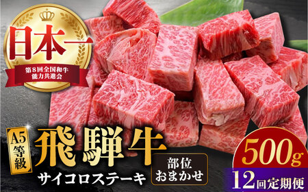 【12回定期便】 【飛騨牛】A5等級 サイコロステーキ 部位おまかせ 500g[TAZ041]定期便 牛肉