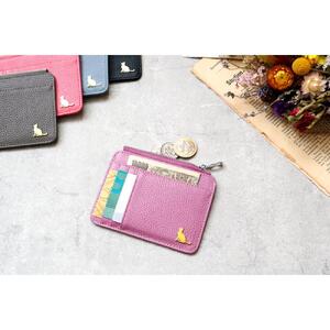 ミニ財布　コンパクト財布　小さい財布　薄い財布　薄型財布　本革　猫　ねこ　軽い　レザー 【パープル】