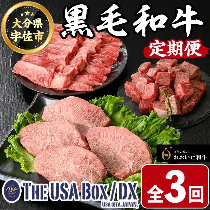 ＜定期便・全3回(隔月)＞おおいた和牛3回定期便 THE USA Box/DX(サイコロステーキ400g、ミスジステーキ400g、中落カルビ500g) 牛肉 黒毛和牛 A4 お肉 ステーキ セット 詰合せ 詰め合わせ 食べ比べ【214000101】【一般社団法人　地域商社USA】