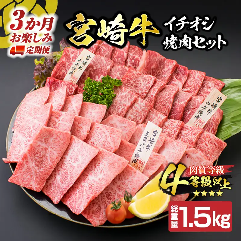【令和8年6月から毎月配送】3か月定期便 月替わりで堪能!! 宮崎牛 イチオシ 焼肉 セット お楽しみ 定期便 総重量1.5kg_GE10-25-E