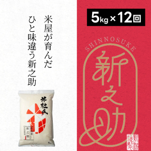 【令和7年産】12ヶ月定期便 特別栽培米 新之助 5㎏（5kg×1袋）×12回 米杜氏 壱成 白米 精米 大粒 つや 光沢 弾力 芳醇 新潟県 米 こめ コメ 1H50217