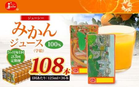 【5ヶ月毎3回定期便】 ジューシー みかんジュース 100％ （学給） 125ml×36本 みかん ミカン 蜜柑 ジュース オレンジジュース 飲料 紙パック 国産 熊本県
