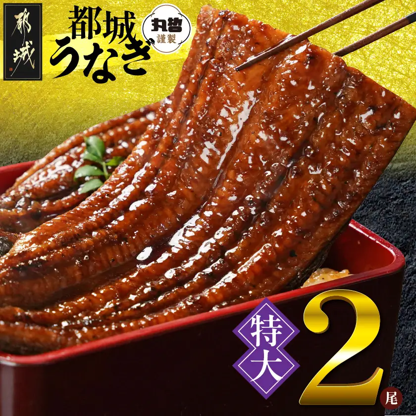 宮崎県育ちの【特大】うなぎ蒲焼2尾440g以上≪山椒・たれ付≫〔18-M301〕_(都城市)  特大うなぎ蒲焼(有頭) 宮崎県産 真空 山椒・たれ付