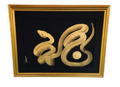 現代水墨画家 絵師白道「一筆金福蛇」｜絵画 アート インテリア 手描き 一筆 龍 日本画 現代アート ハンドメイド作品 水墨画 かっこいい 作品 縁起 風水 芸術 2025年 巳年 へび 蛇 干支