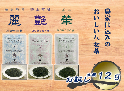 CE-080_【八女茶】原田茶園 お試し　極上煎茶　麗  １２ｇ、特上煎茶　艶　１２ｇ、煎茶　華　１２ｇ　計３６ｇ
