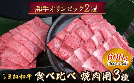 しまね和牛 焼肉用3種セット （肩ロース、カルビ、モモ）セット 600g 【黒毛和牛 おすすめ 冷凍 和牛オリンピック 肉質NO.1 焼肉 セット 食べ比べ 牛肉 ロース モモ肉 国産 和牛 霜降り 赤身 ジューシー ギフト 贈り物 島根県 安来市】【35-DC-64】