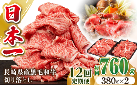 【全12回定期便】長崎県産黒毛和牛切り落とし 760g（380×2）《壱岐市》【弥川畜産】 冷凍配送 肉 牛肉 スライス 和牛 すき焼き 牛丼 贈答 プレゼント 小分け [JGF007]