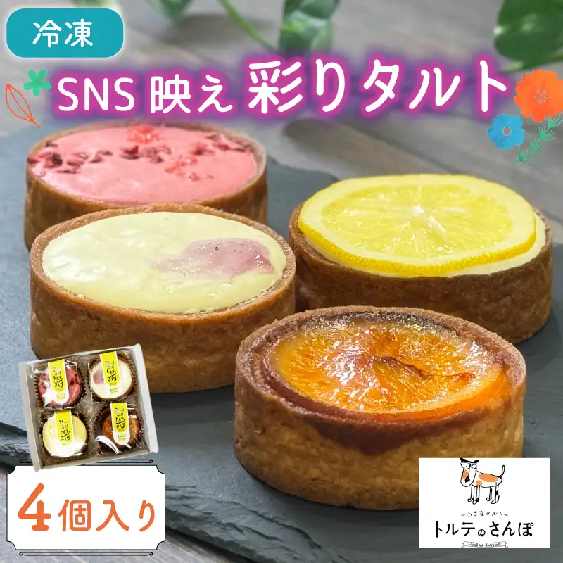 SNS映え彩りタルト 4個入り オリジナルタルト レモンとホワイトチョコレートのタルト レアチーズとブルーベリーのタルト フランボワーズとピスタチオのタルト オレンジとカンパリのタルト SNS映え タルト おやつ 洋菓子 冷凍便 城陽市 京都府