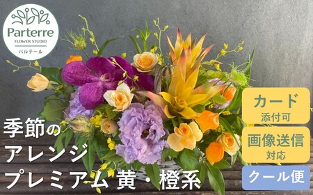 フラワーアレンジメント プレミアム 【 イエロー ・ オレンジ 系】 岩手県 北上市 E0073-YO  （ パルテール )  花 観賞用 アレンジ プレゼント ギフト 誕生日 お祝い クリスマス 卒業 入学 バレンタインデー ホワイトデー 贈答 母の日 父の日 敬老の日 感謝 退院 快気祝い プロポーズ ご褒美 生花 季節の花 赤 白 黄色 ピンク オレンジ 青 紫 寄せ植え 鉢植え ガーデニング 庭 玄関 リビング 部屋 客間 オフィス 開店祝い 周年祝い 退職祝い 就職祝い 還暦 成人 記念日 花 