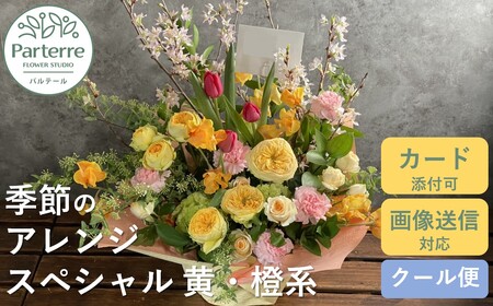 季節のフラワーアレンジメント スペシャル  【 イエロー ・ オレンジ 系】 岩手県 北上市 G0067-YO  （ パルテール )  花 観賞用 アレンジ プレゼント ギフト 誕生日 お祝い クリスマス 卒業 入学 バレンタインデー ホワイトデー 贈答 母の日 父の日 敬老の日 感謝 退院 快気祝い プロポーズ ご褒美 生花 季節の花 赤 白 黄色 ピンク オレンジ 青 紫 寄せ植え 鉢植え ガーデニング 庭 玄関 リビング 部屋 客間 オフィス 開店祝い 周年祝い 退職祝い 就職祝い 還暦 成人 記念日 花 