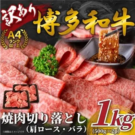 訳あり!【A4～A5】博多和牛焼肉切り落とし(肩ロース・バラ)　1kg(500g×2p)(大牟田市)_肉 焼肉 牛肉 やきにく ヤキニク バーベキュー  肉 黒毛和牛 牛肉 _【配送不可地域：離島】【1560700】
