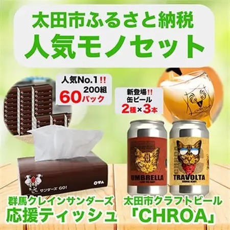 【太田市の人気モノセット】サンダーズ応援ティッシュ×クラフトビールCHROA【複数個口で配送】_酒・アルコール  ビール   雑貨・日用品 ティッシュ 日用品 _【配送不可地域：離島・沖縄県】【4014404】
