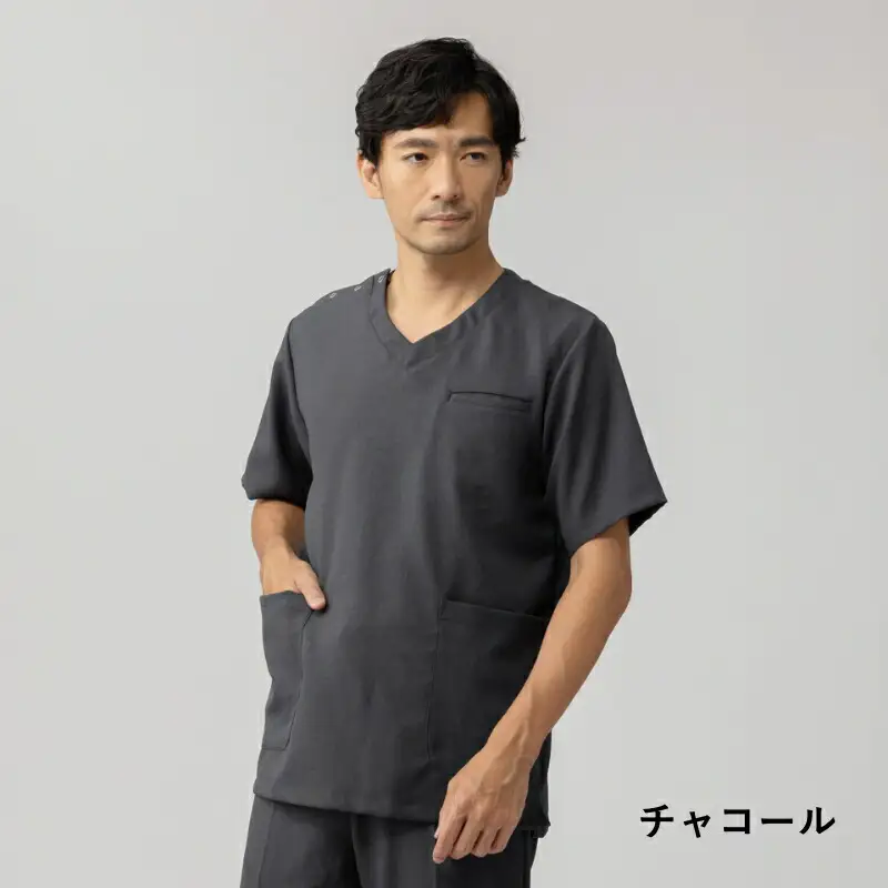 レピウスの白衣 【メンズ】スクラブ リンクル / ネーム刺繍付き (カラー：チャコール、サイズ：S)_0113-016-T05-2-1