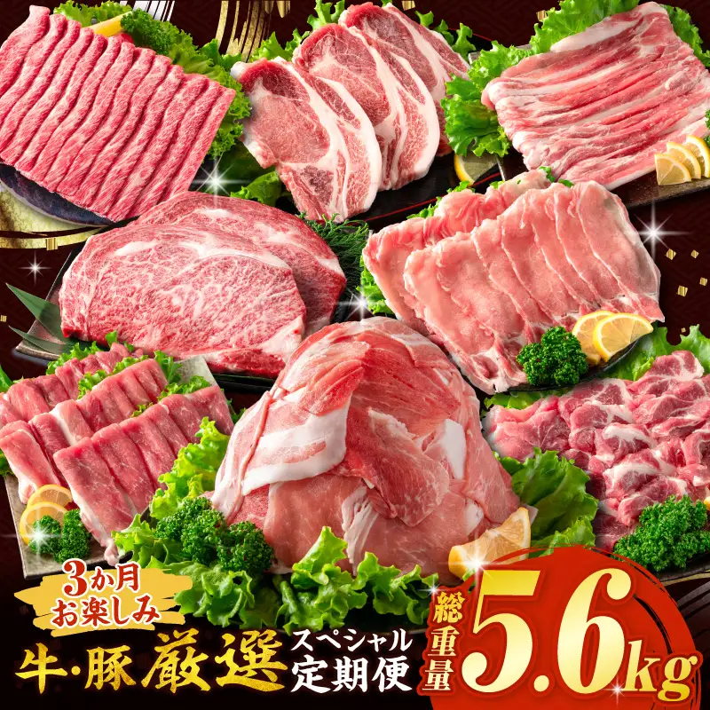 3か月 お楽しみ 牛 豚 厳選 スペシャル 定期便 総重量5.6kg_HE8-25