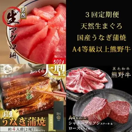 【毎月定期便】紀州和歌山うまいもんセットA(生まぐろ・うなぎ蒲焼・熊野牛)全3回【配送不可地域：離島・北海道・沖縄県】【4057117】