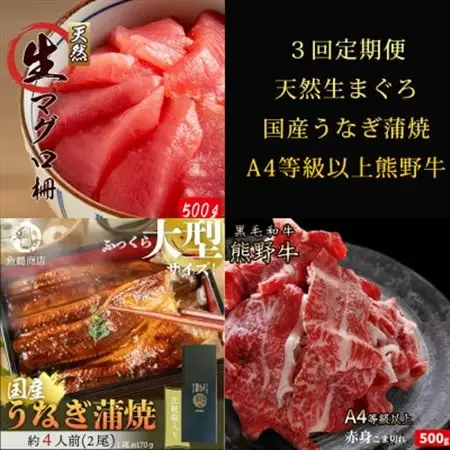 【毎月定期便】紀州和歌山うまいもんセットB(生まぐろ・うなぎ蒲焼・熊野牛)全3回【配送不可地域：離島・北海道・沖縄県】【4057118】