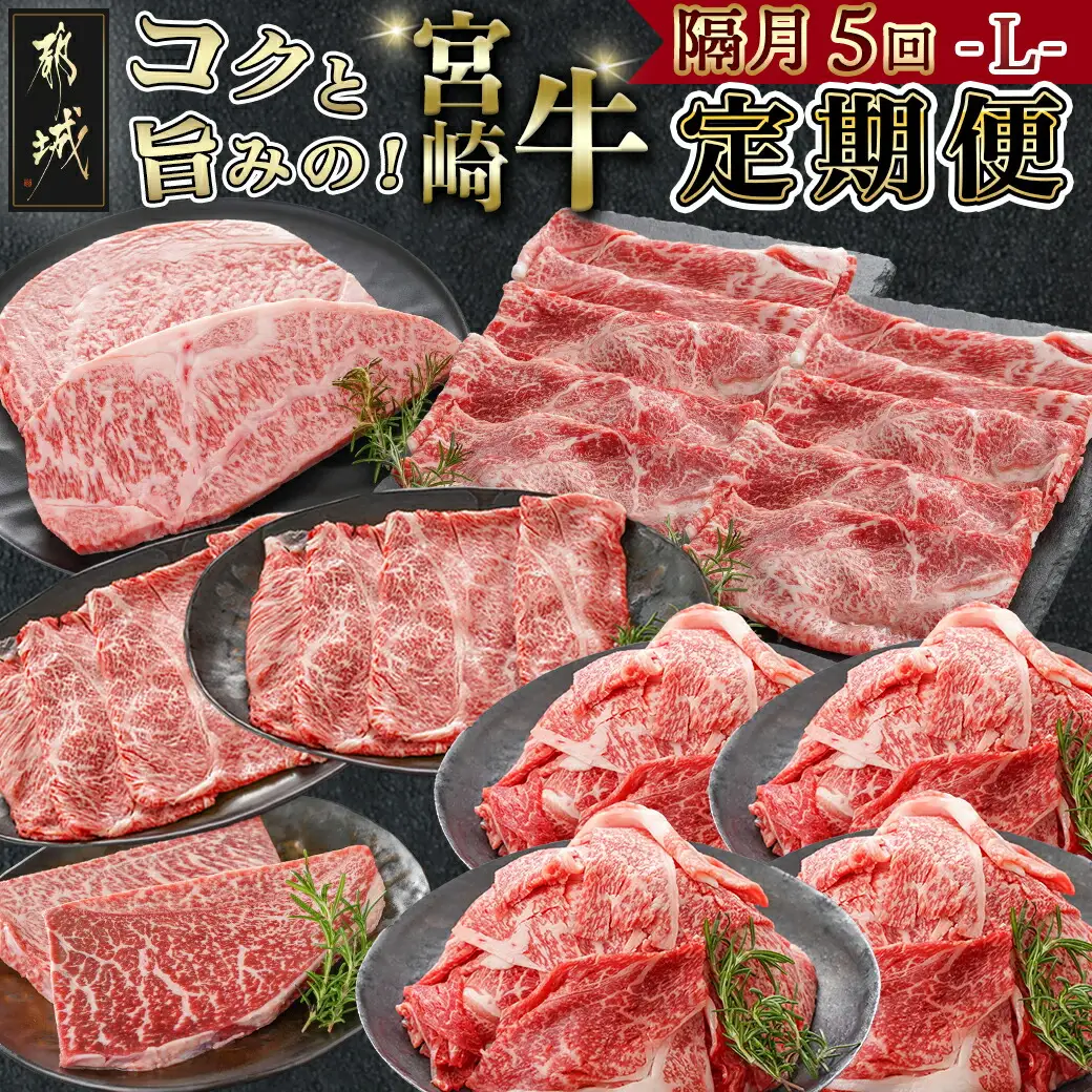 コクと旨味の宮崎牛定期便 L(隔月5回)_T110-5-6501_(都城市) 宮崎牛 うで・ももスライス/モモステーキ/ロースステーキ/ 切落し/肩ローススライス 隔月お届け 定期便