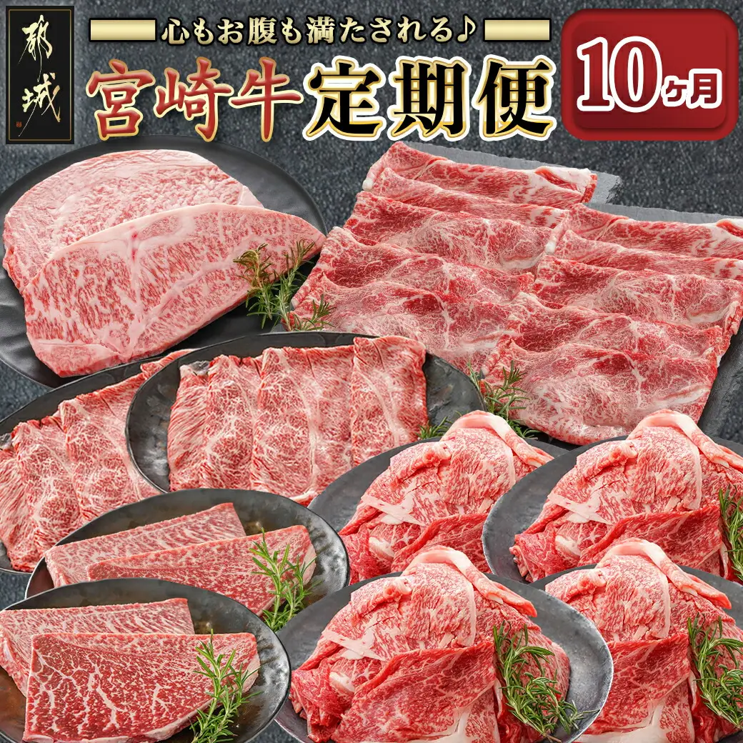 心もお腹も満たされる♪宮崎牛定期便(10ヶ月)〔T140-10-6501〕_(都城市) 宮崎牛 肩ローススライス/うで・ももスライス/切落しスライス/ロースステーキ/モモステーキ/ 10ヶ月連続でお届け 定期便