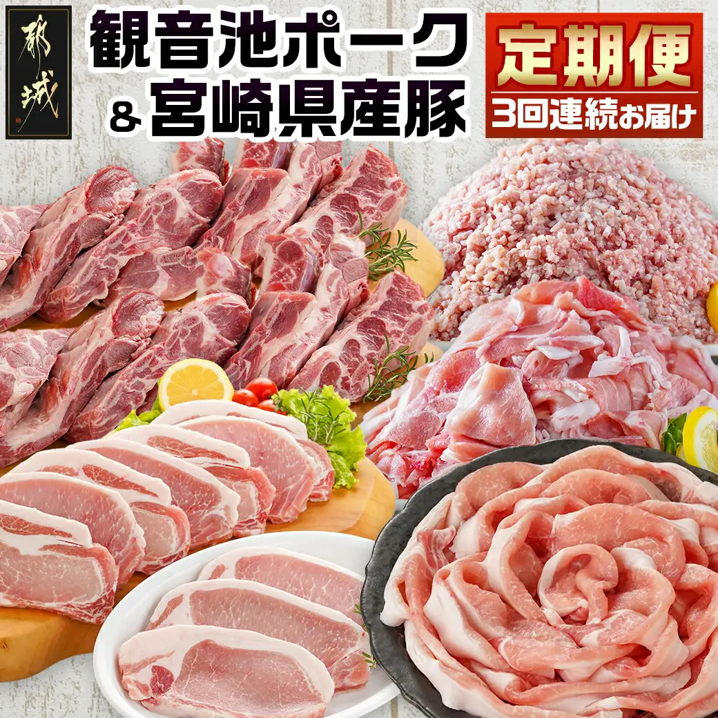 《3回連続お届け》観音池ポーク&宮崎県産豚定期便_T45-3-9201_(都城市) 都城産 観音池ポーク ロースしゃぶしゃぶ肉 肩ロースしゃぶしゃぶ肉 真空パック しゃぶしゃぶ用 ブランドポーク ミンチ スペアリブ とんかつ