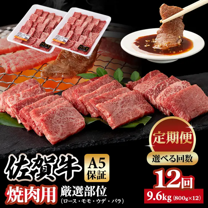 【定期便】佐賀牛 A5 焼肉用 厳選部位 800g 12回定期 計9.6kg(800gx12)  桑原畜産 Q252-001