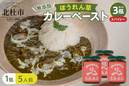 スパイシーほうれん草カレーペースト 3瓶セット　カレーペースト 1瓶230g 5人前 スパイシー 3個 ほうれん草 カレー ペースト 無添加 こだわり 簡単 本格スパイスカレー 瓶詰 持ち運び アウトドア 仕送りギフト 山梨県 北杜市 [h259]