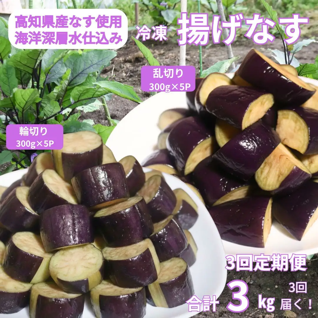 《 定期便/全３回 》 揚げナス 合計9kg【輪切り・乱切り】海洋深層水仕込みのナス使用 カット済 揚げなす あげなす 野菜 やさい ナス なす 茄子 生産量日本一 高知 室戸 惣菜 便利 用途 豊富 カット野菜 調理 ハウス栽培 小分け 定期便 頒布会