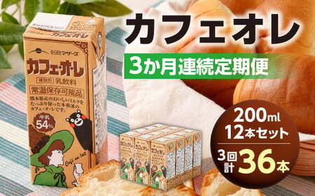 【3か月連続定期便】 カフェオレ 200ml 12本×3回 計36本 飲料 コーヒー飲料 コーヒー ミルク ドリンク 紙パック 定期便 長期保存 熊本県