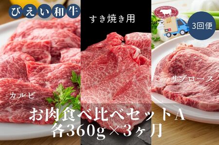 ファームズ千代田　「びえい 和牛 」お肉食べ比べセットA　定期便(各360g×３ヶ月)| お肉食べ比べ [159-01]