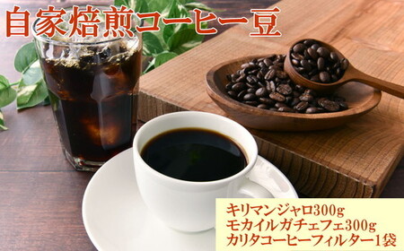 自家焙煎コーヒー豆（キリマンジャロ・モカイルガチェフェ）各300gとカリタ102コーヒーフイルター100枚セット