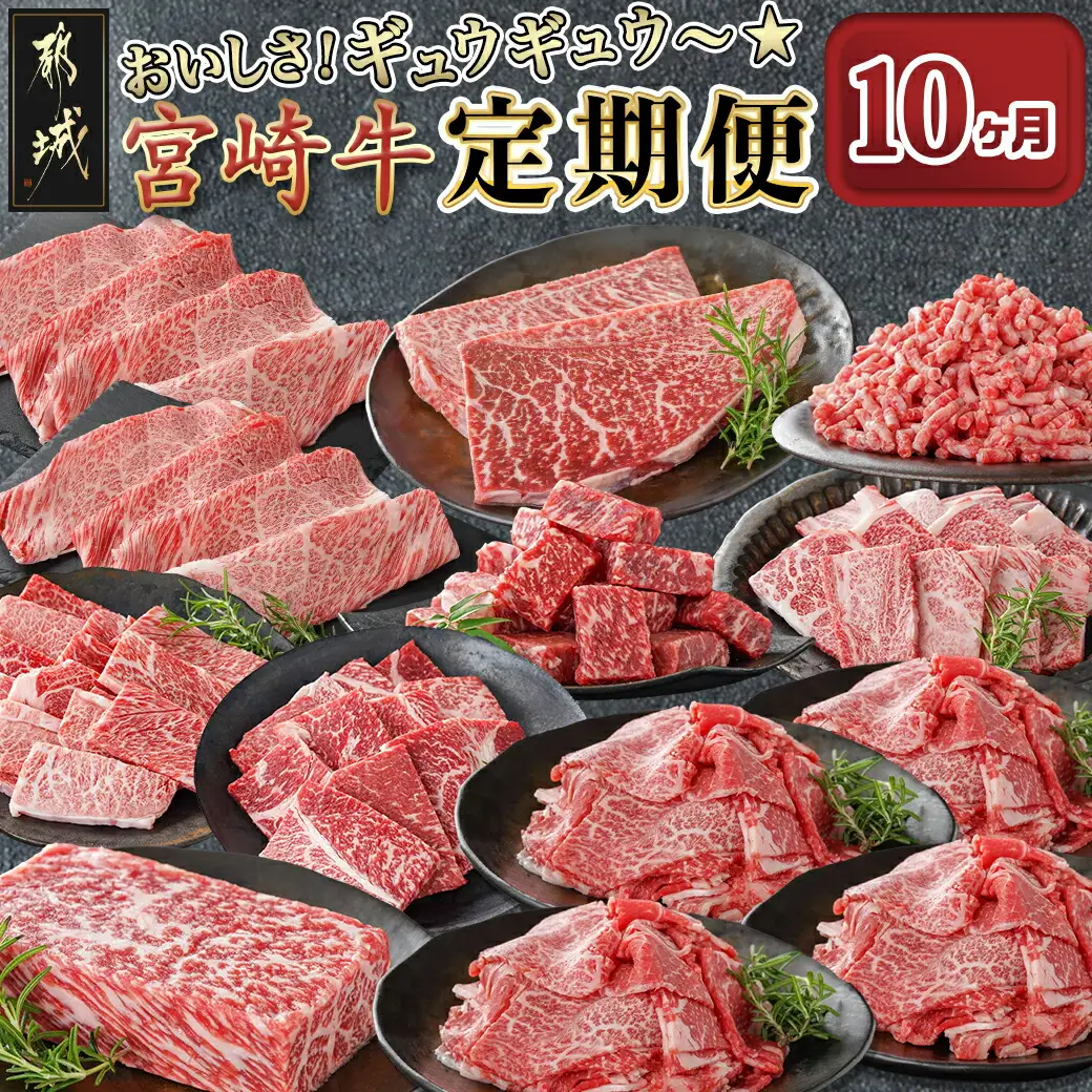 おいしさギュウギュウ♪宮崎牛定期便(10ヶ月)〔T190-10-6501〕_(都城市) 宮崎牛 霜降りすきしゃぶ/切り落とし＆挽肉セット/赤身3種セット/焼肉セット/モモステーキ＆サイコロステーキ 10ヶ月毎月お届け