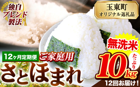 【12ヶ月定期便】熊本県産 さとほまれ 無洗米 ご家庭用 定期便 10kg 《お申込み翌月から出荷》熊本県 玉名郡 玉東町 米 こめ コメ ブレンド米 送料無料｜人気米 熊本県産米 お米 生活応援米