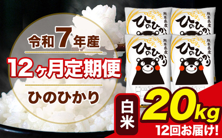 令和7年産  【12ヶ月定期便】 ひのひかり 白米 20kg 5kg×4袋 計12回お届け 熊本県産 こめ コメ 白米 精米 荒尾市 ひの 米 定期 《お申込み翌月から出荷》 美味しい米 お米 熊本県産米 くまもと米