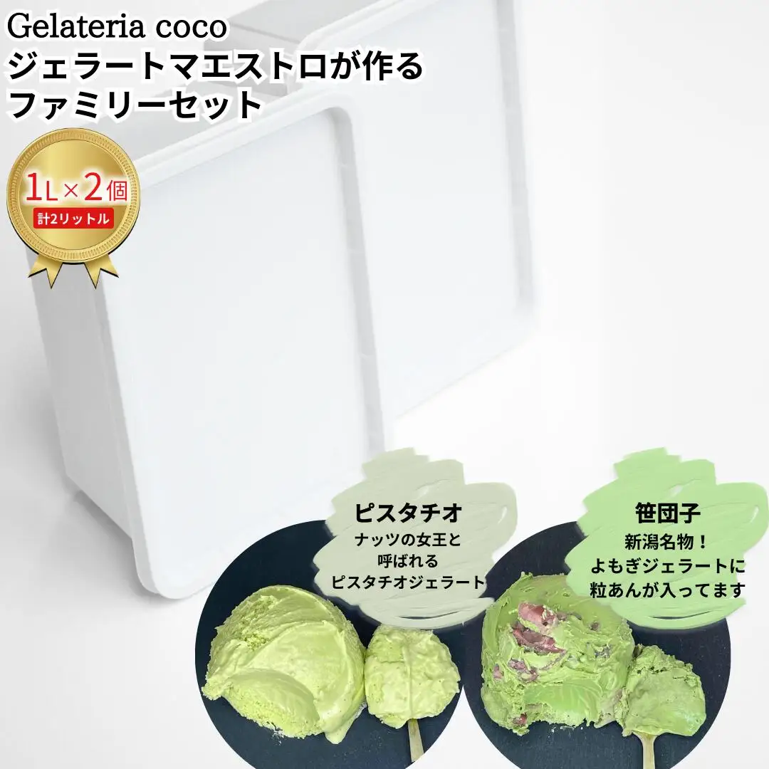 ジェラートマエストロが作るファミリーセット 1L×2 合計2L[ピスタチオ・笹団子] ジェラート アイス 大容量 ファミリーパック 添加物不使用 [Gelateria coco]【017S094】