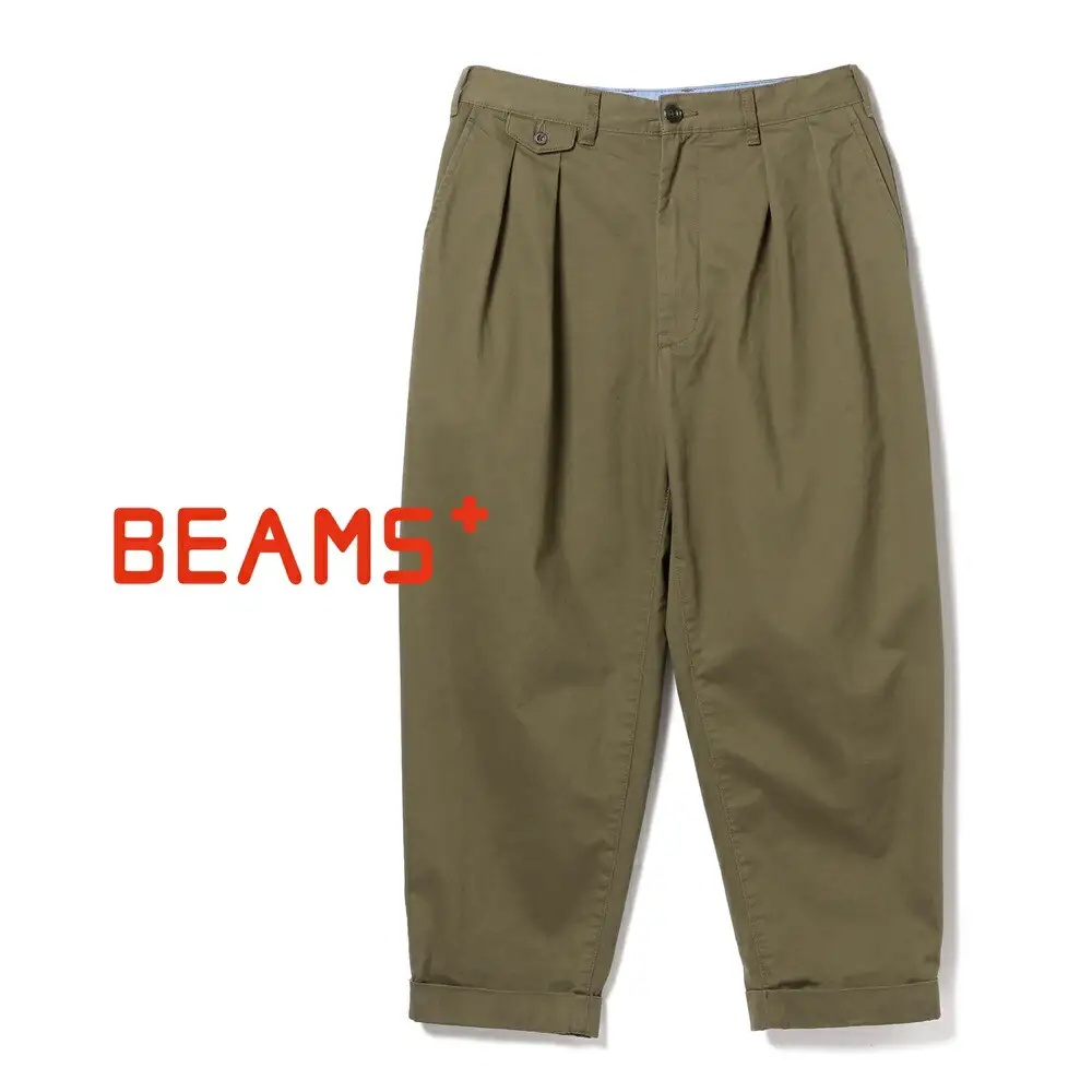 BEAMS PLUS 2プリーツ ツイル パンツ　OLIVE　M