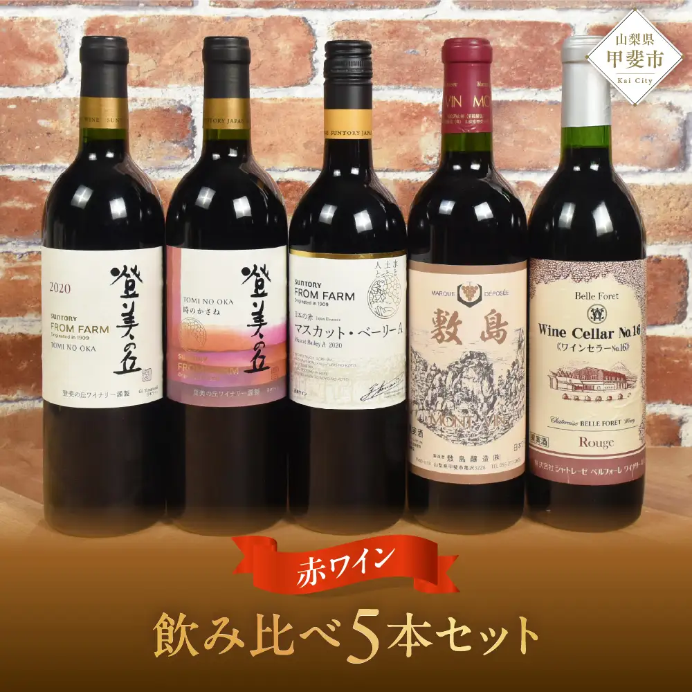甲斐市産赤ワイン5本セット　家飲み 赤 日本ワイン 山梨ワイン 定番 テーブルワイン お酒 サントリー 甲州 飲み比べ 山梨県 甲斐市 AD-297