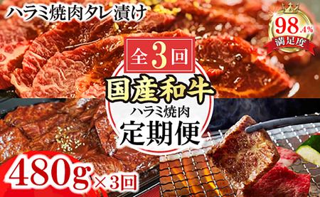 【定期便】 定期便 和牛入 国産牛 ハラミ 焼肉 秘伝の自家製 タレ漬け 全3回 【FO51W】