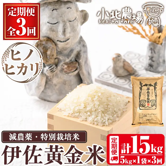 isa601 《数量限定・3回定期便》令和7年産 小北農場のお米 伊佐黄金米〈ヒノヒカリ〉(計15kg・5kg×1袋×3回) 鹿児島 伊佐 お米 特別栽培米 伊佐米 白米 ヒノヒカリ ひのひかり おにぎり ごはん 【小北農場】