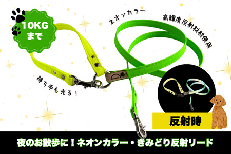 『ネオンカラー（黄緑）』オリジナル反射材の光る犬用リード【小型犬用10キロまで】【散歩 愛犬 夜散歩 手作り 阿見町 茨城県】（40-27）