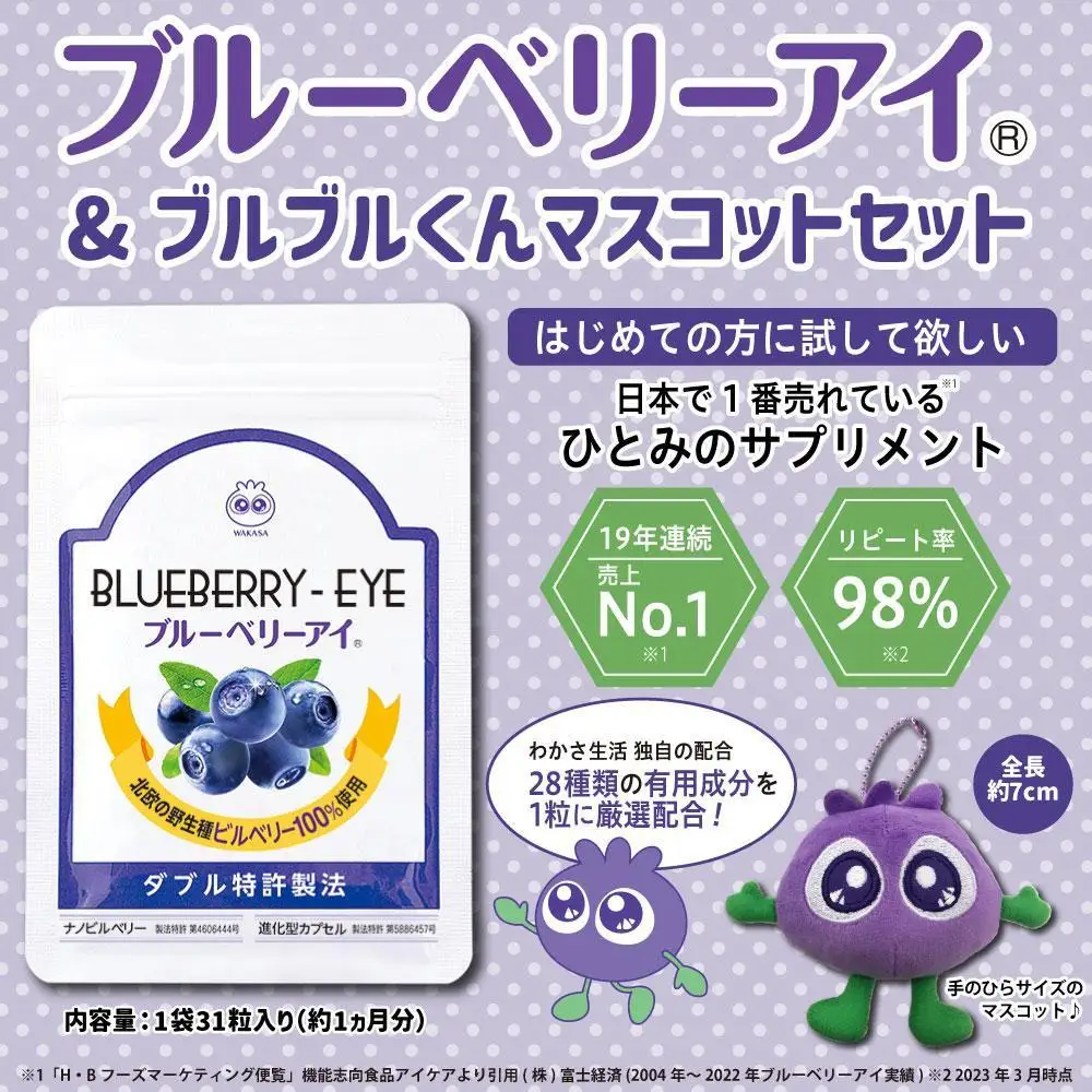 【わかさ生活】ブルーベリーアイ1袋(1ヶ月分)＋ブルブルくん大粒マスコット｜健康 サプリメント ブルーベリー