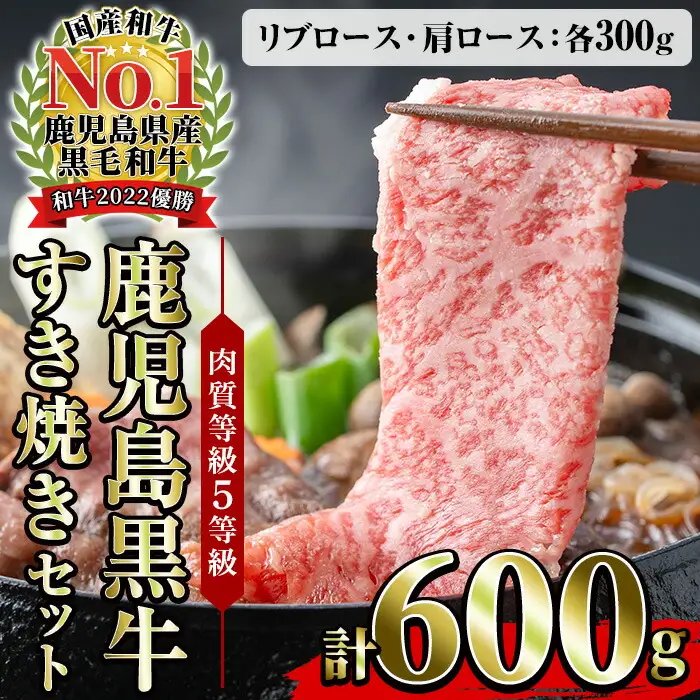 鹿児島黒牛 食べ比べ 600g リブロース スライス （300g×1P） 肩ロース スライス （300g×1P）5等級 すき焼きセット  【H-101】 【00-058-04】