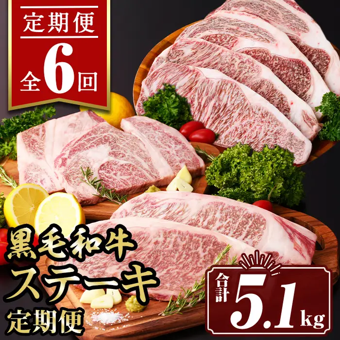 isa642 【定期便6回】黒毛和牛ステーキ定期便(合計5.1kg) 真空包装 真空パック リブロース サーロイン ステーキ 牛 うし 牛肉 アウトドア 食べ比べ BBQ 冷凍 【サンキョーミート株式会社】