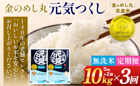 【無洗米】 令和7年産 金のめし丸 元気つくし 合計30kg 10kg (5kg×2袋) ×3回 定期便 白米 精米