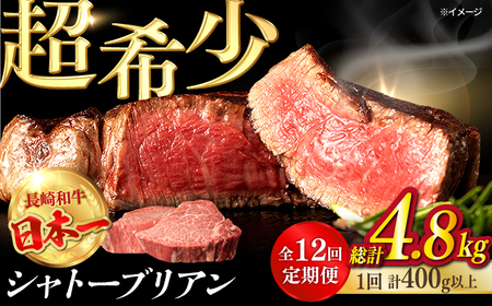 【全12回定期便】極上 シャトーブリアン 長崎和牛 出島ばらいろ 毎月計400g以上（約200g×2枚）【肉のマルシン】 ステーキ ヒレ ヒレステーキ ヒレ肉 フィレ[FG47]
