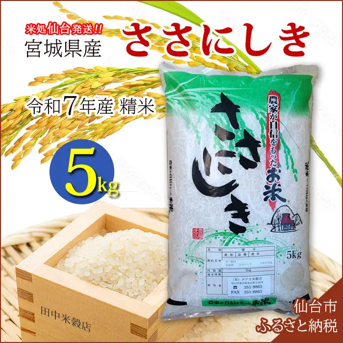 【ささにしき】新米 令和7年度産 精米 5kg（5kg×1袋）宮城県産【米 お米 こめ コメ ご飯 ごはん】